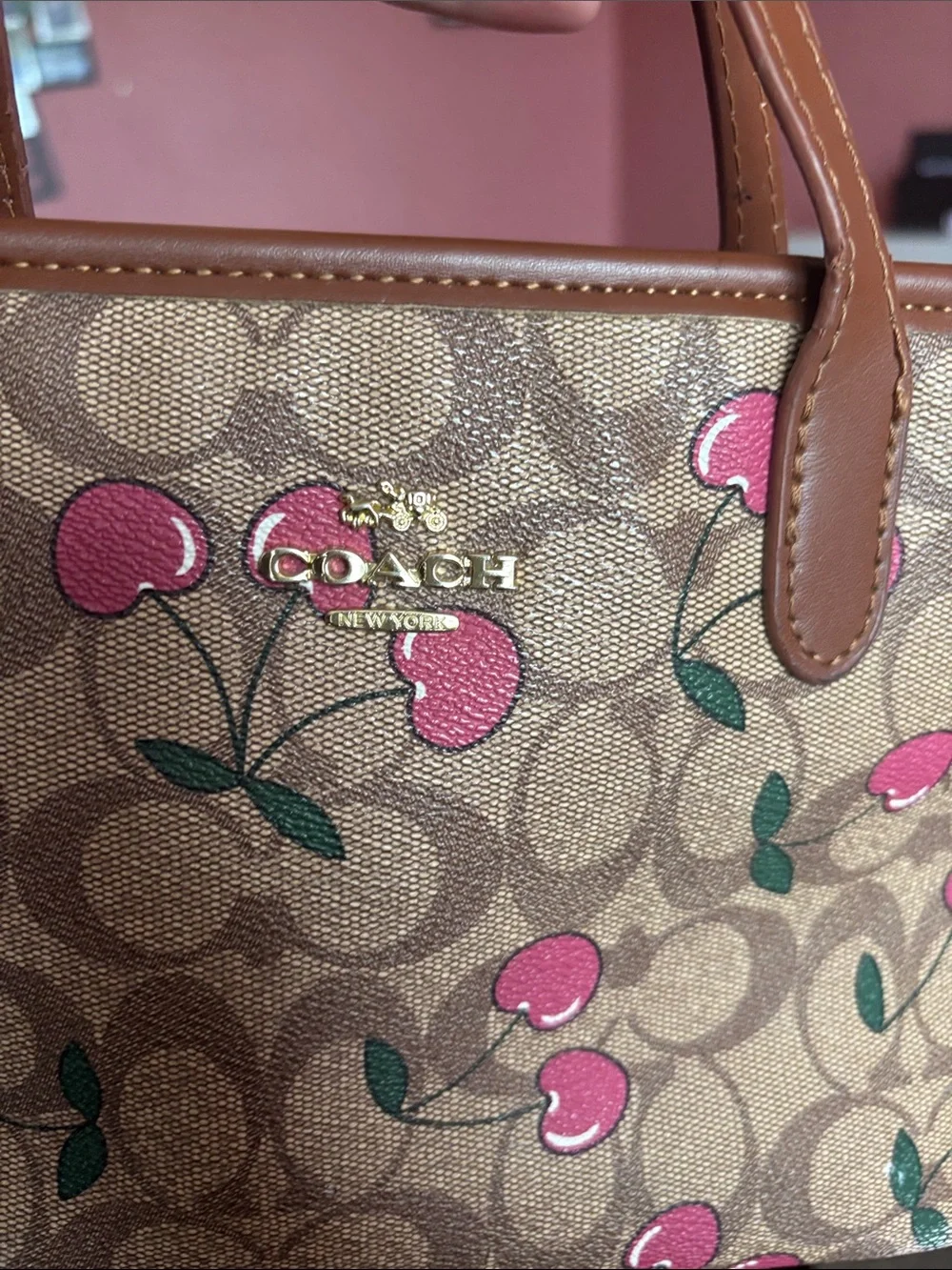 Coach Signature Canvas Tote with Pink Cherry Print and Brown Trim
